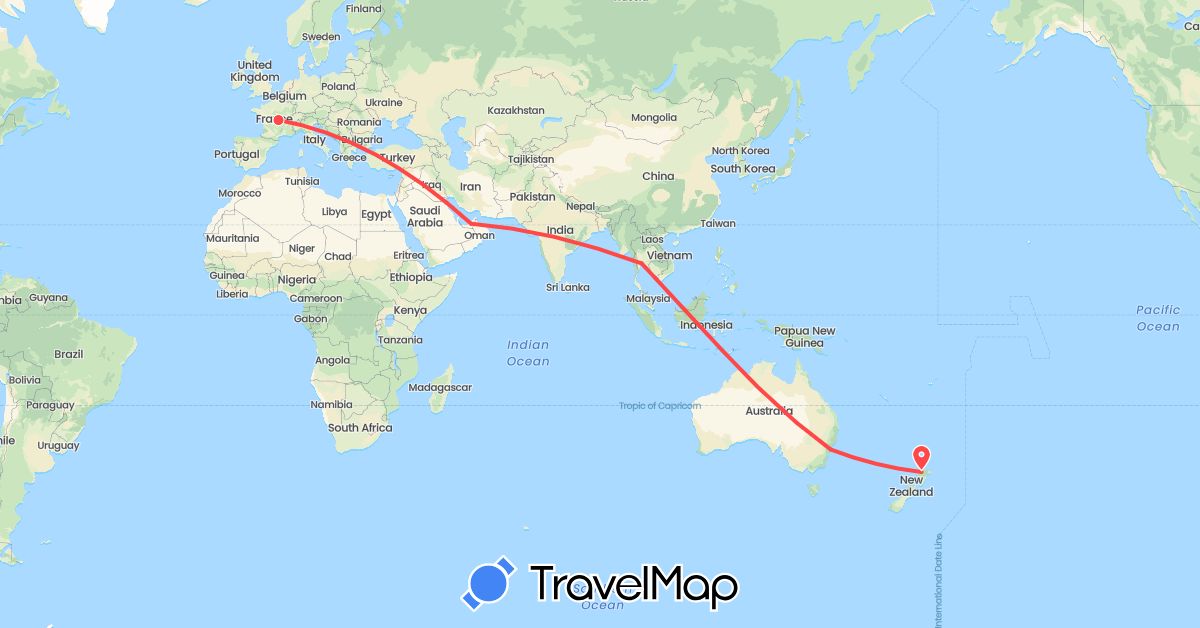 TravelMap itinerary: driving, hiking in United Arab Emirates, Australia, France, New Zealand, Thailand (Asia, Europe, Oceania)